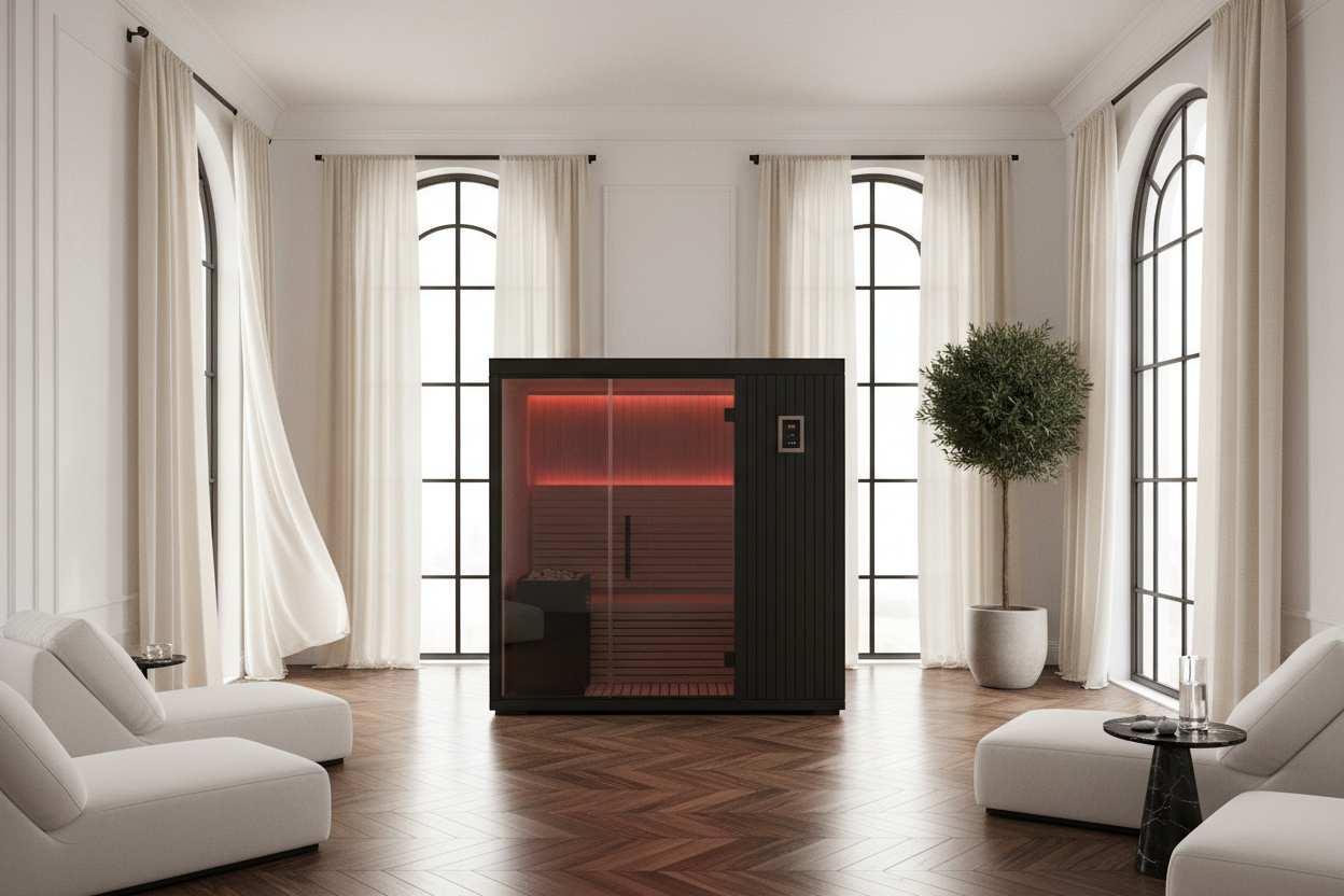 Generate a banner image suitable for a premium online store, but with natural lighting. Feature a photorealistic "Luxury" vibe of a modern architetural high end light and welcomign relaxing wellness room with a dark wood parwut flooring highe celiing and arched windows with balkcdetails and linens curtains and white walls and an infrared sauna with balck details as the clear focus. The surrounding scene, mood, and setting should be designed entirely around the product — whether indoor or outdoo