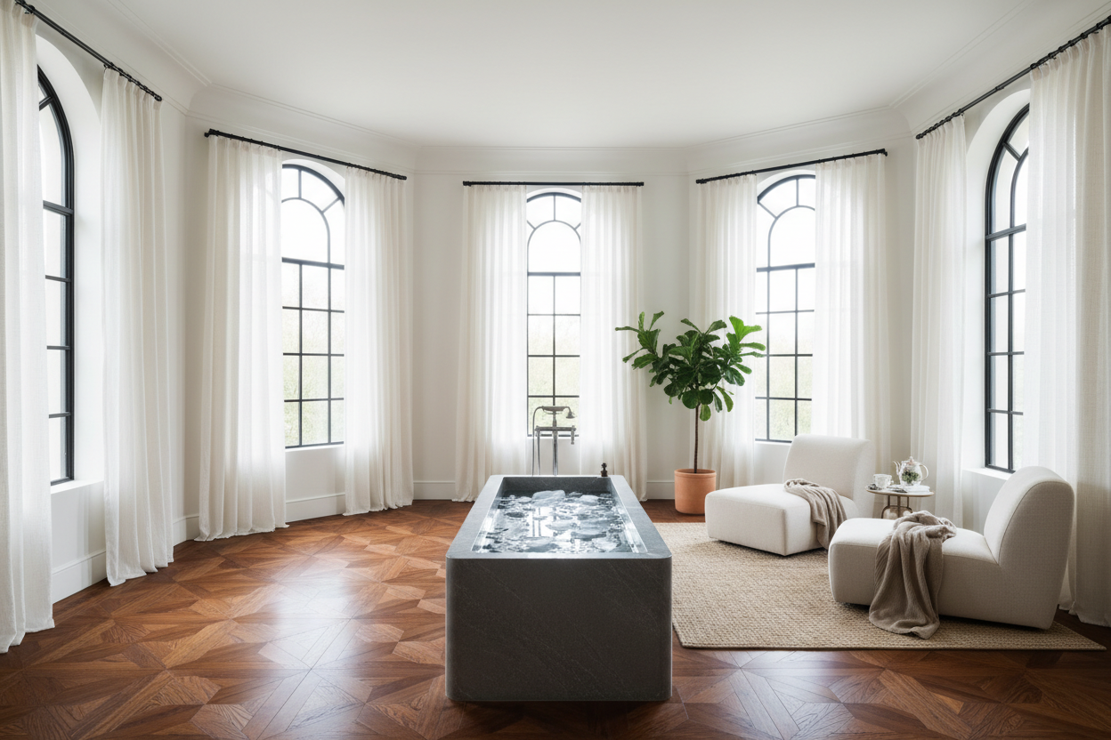 Generate a banner image suitable for a premium online store, but with natural lighting. Feature a photorealistic "Luxury" vibe of a modern architetural high end light and welcomign relaxing wellness room with a dark wood parwut flooring highe celiing and arched windows with balkcdetails and linens curtains and white walls and a ice plunge with ice inside as the clear focus. The surrounding scene, mood, and setting should be designed entirely around the product — whether indoor or outdoo