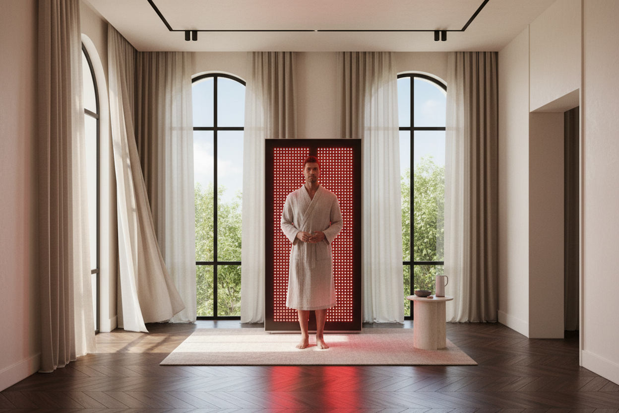 Generate a banner image suitable for a premium online store, but with natural lighting. Feature a photorealistic "Luxury" vibe of a modern architetural high end light and welcomign relaxing wellness room with a dark wood parwut flooring highe celiing and arched windows with balkcdetails and linens curtains and cream walls and a red light hteryp panel with a man in front of itas the clear focus. The surrounding scene, mood, and setting should be designed entirely around the product — whether indoor or outdoo